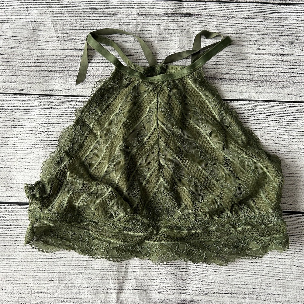 Aerie Real Obsessed high neck olive green lace tie back bralette size medium
